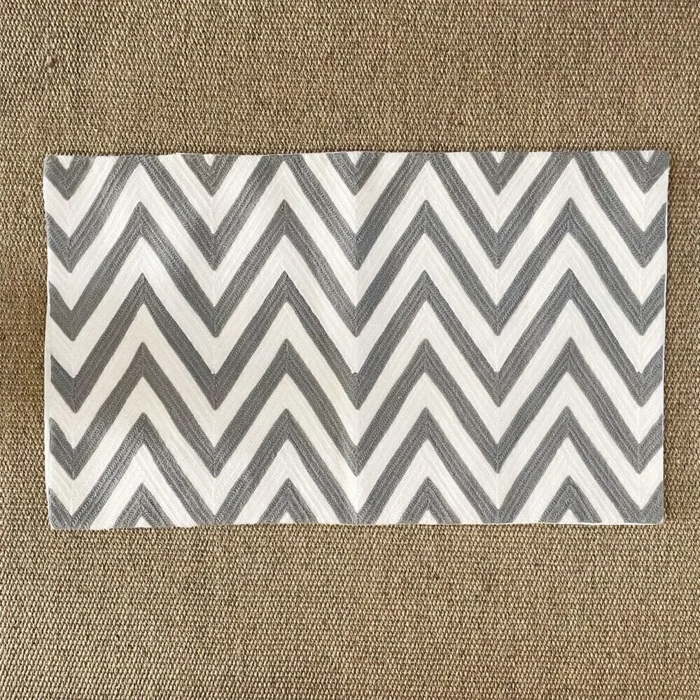 Pottery Barn Chevron Crewel Embroidered Lumbar Pillow Cover Grey